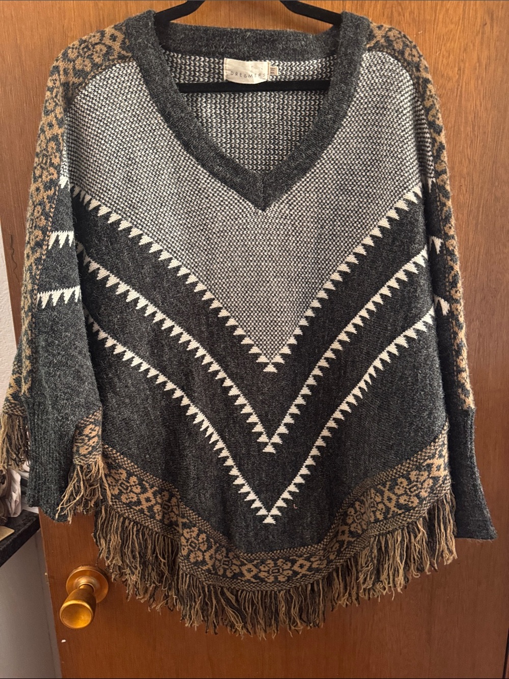 Dreamers Charcoal, Cream & Brown Fringe V-Neck Sweater Poncho